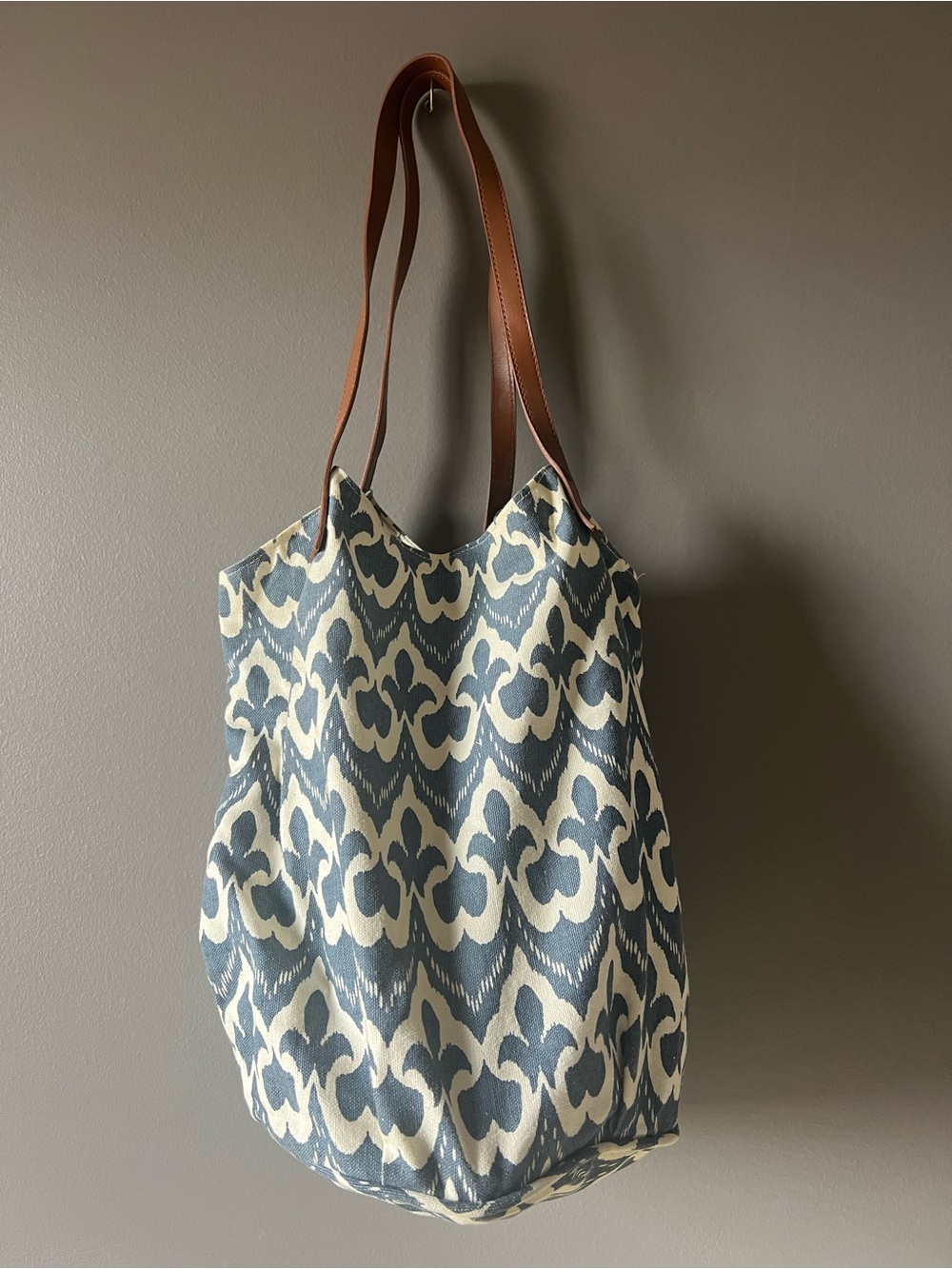Rock Flower Paper Blue and Cream Patterned Tote Bag with Brown Straps